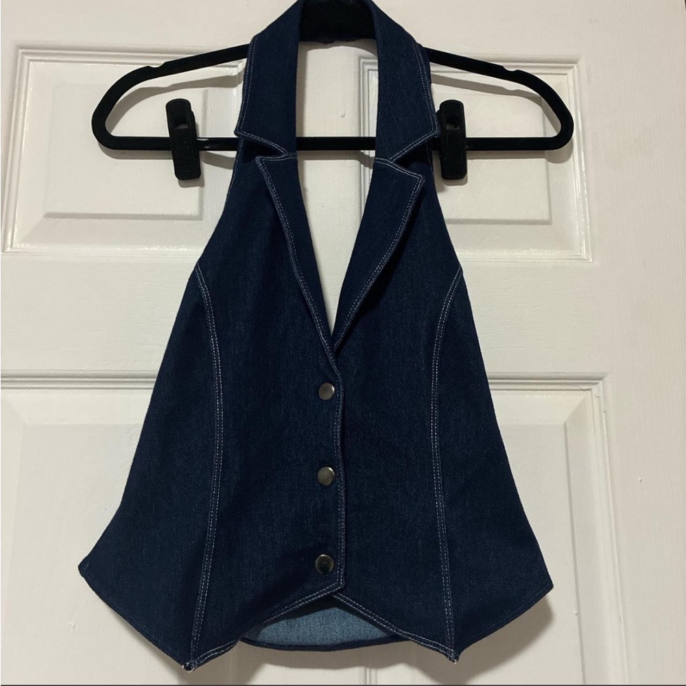 Frankie's Bikinis Dark Indigo Denim Halter Top